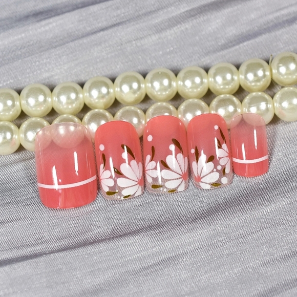 🐢2/$15 Peachy Red with Summer Flower Press On Nails - Picture 3 of 9